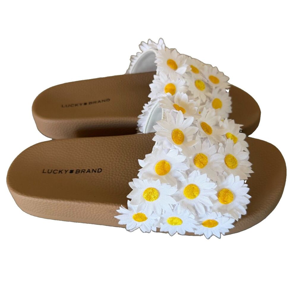 ⁠Lucky Brand Gellion White Flower Daisy Slide Sandals Womens 8 Tan